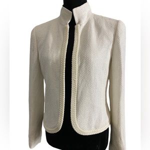 Vintage Linda Allard Ellen Tracy- White Linen Open Blazer w/ braided edging Sz 4